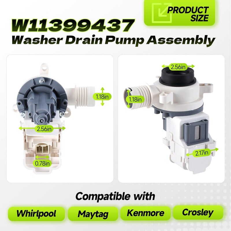 GREALTH W11399437 W11259498 Washer Drain Pump Assembly Compatible with Whirlpool Maytag Kenmore Crosley, B25-3A04 Washing Machine Drain Pump Replace W11259498 4961028 AP6974144 PS12731241 EAP12731241 - Image 2
